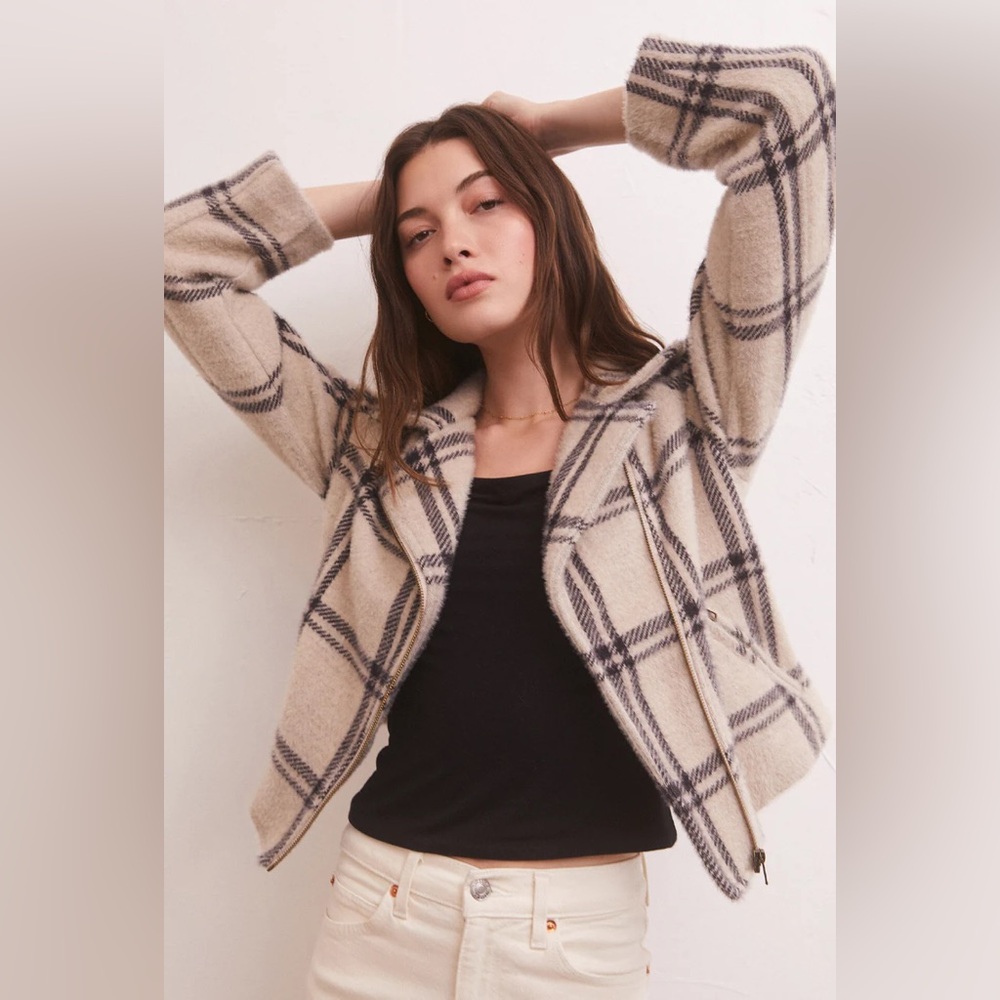 Z Supply Cream Teddy Jacket with Black Plaid